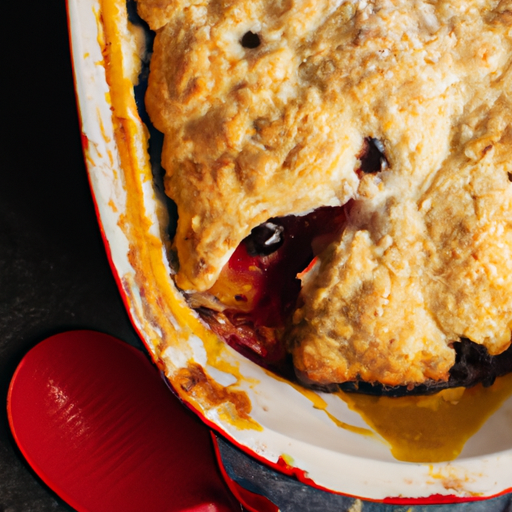 A mouthwatering Dutch oven dessert, featuring a warm cobbler with a golden, crispy crust and oozing fruit filling.