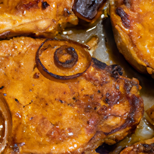 A close-up of seared pork chops in a Dutch oven, with a golden crust and caramelized onions.